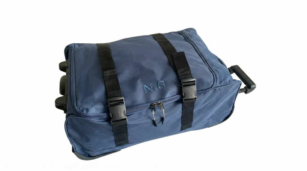 Maleta de viaje azul marino con ruedas y bordado personalizado.