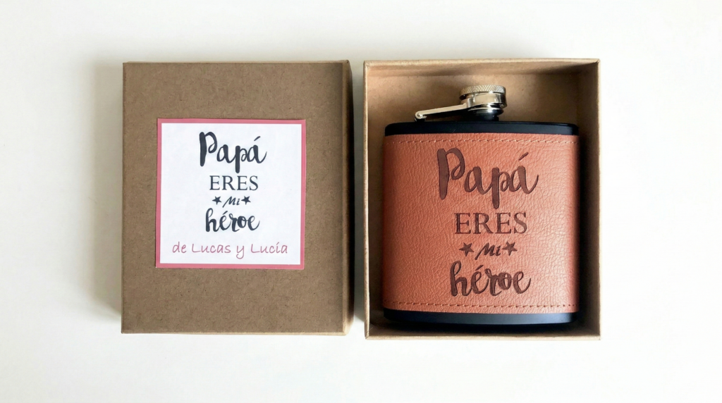 Petaca de acero inoxidable revestida en cuero marrón con grabado láser "Papá eres mi héroe".