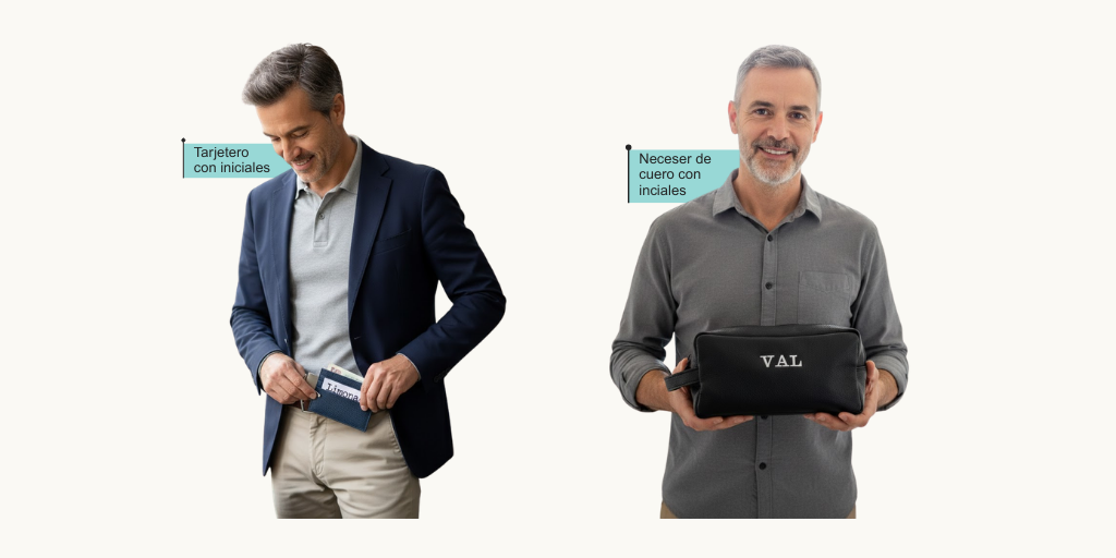 Hombre usando tarjetero azul y hombre sosteniendo neceser de cuero negro, ambos con iniciales personalizadas.