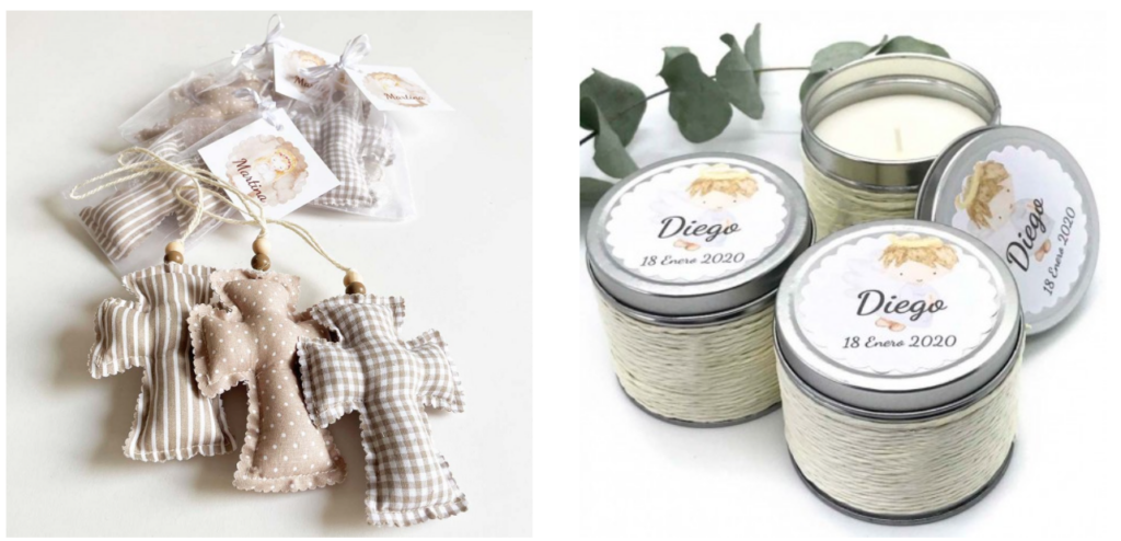 Cruces de tela rellenas con estampados de rayas y lunares y velas en lata personalizadas