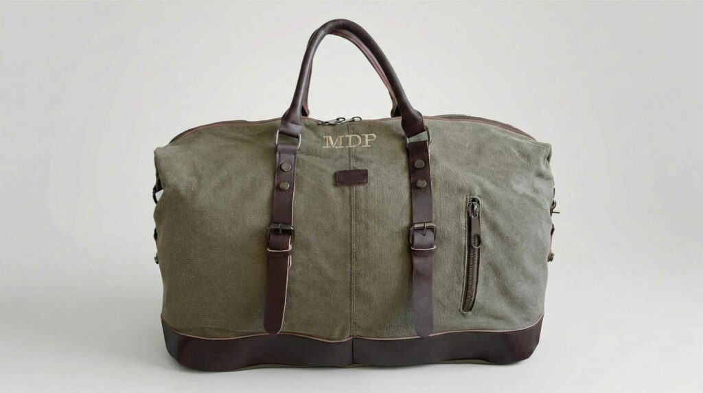 Bolso de fin de semana color verde caza con detalles en cuero marrón.