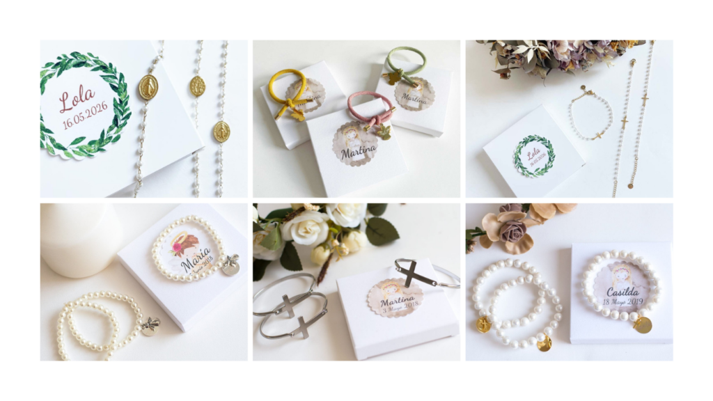 Variedad de pulseras para comunión: modelos de perlas, rosarios, esclavas y cordones con cajas personalizadas.