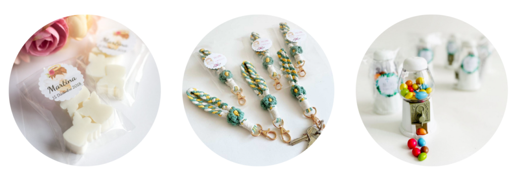 Jabónes, llaveros y máquina expendedora para invitados de comunión