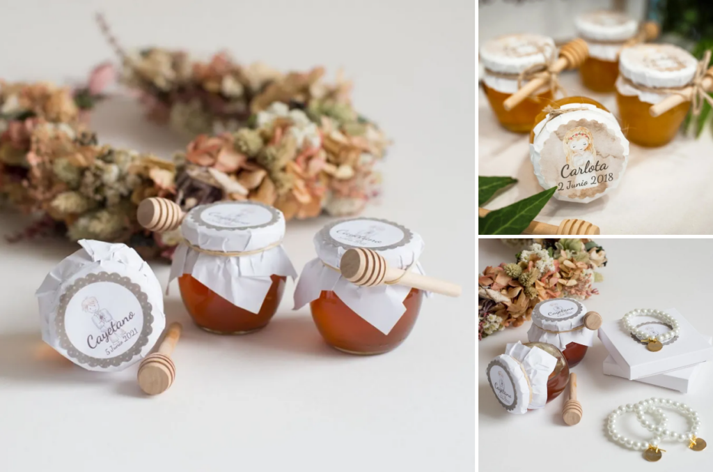 Tarros de miel artesanales con cucharilla de madera y etiquetas personalizadas para la comunión