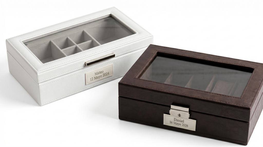 Joyeros en color blanco y marrón oscuro con tapa de cristal y placas metálicas personalizadas con los nombres y sus respectivas fechas.