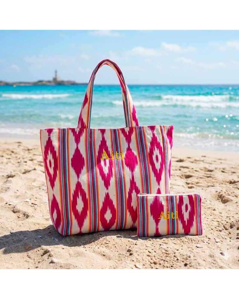 Bolsas ikat de playa con iniciales o nombre bordado