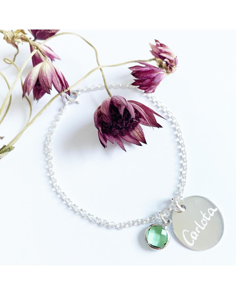 Pulsera de plata grabada con medalla de plata y colgante de cuarzo