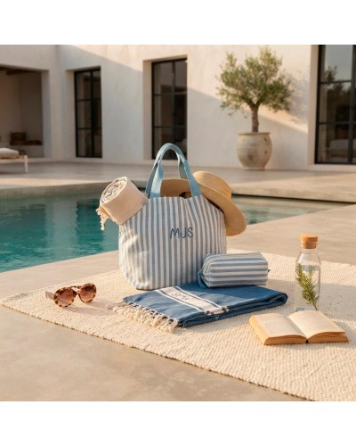 Bolsa de playa de lino con rayas azules