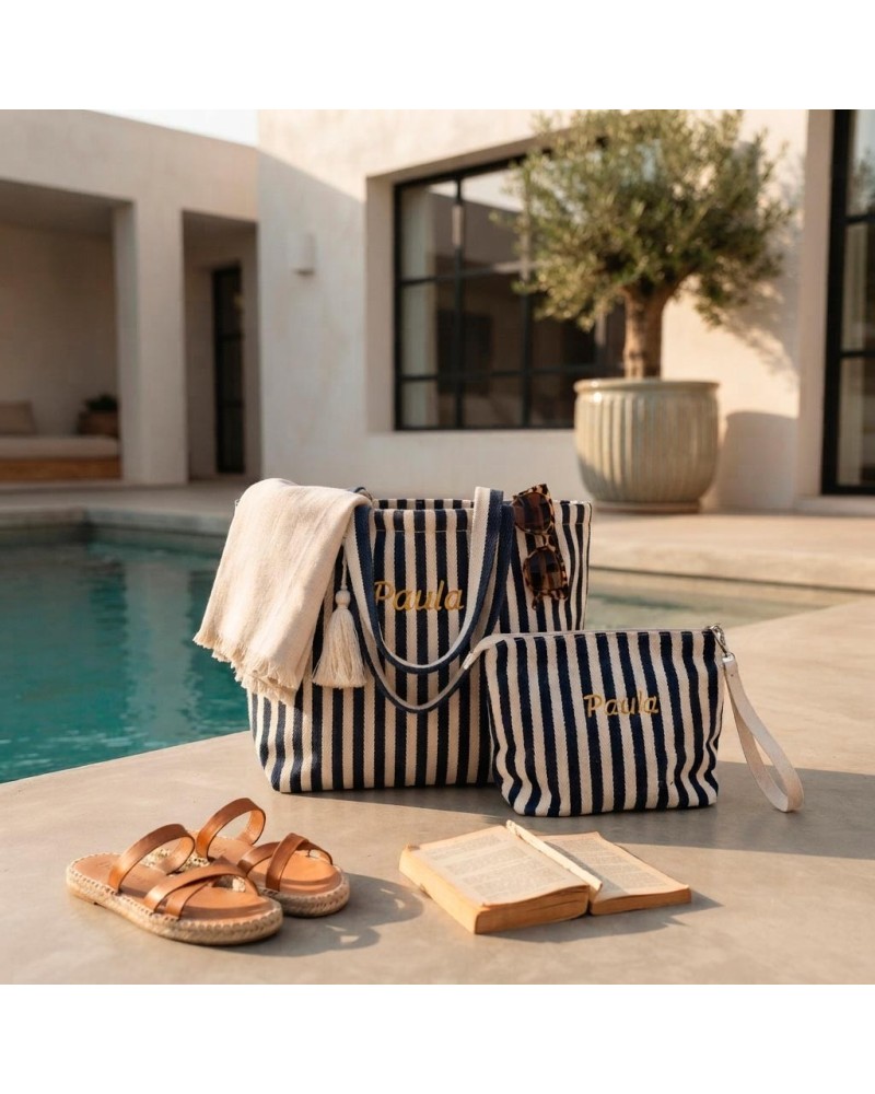 Bolsa de playa y neceser a juego con iniciales o nombre bordado