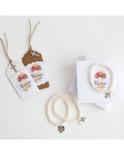 Pulseras de perlas con medalla y angel para invitados