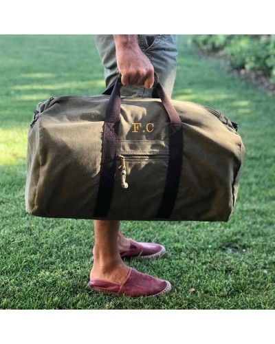Bolsa de lona kaki para hombre con iniciales
