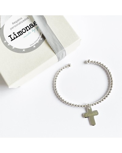Pulsera de plata con cruz de plata grabada con nombre