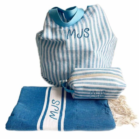 Bolsa de playa de lino con rayas azules