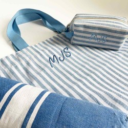 Bolsa de playa de lino con rayas azules