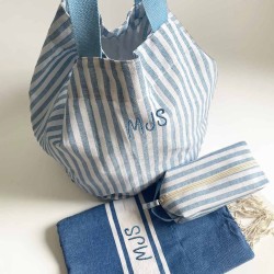 Bolsa de playa de lino con rayas azules
