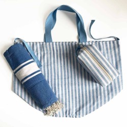 Bolsa de playa de lino con rayas azules