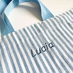 Bolsa de playa de lino con rayas azules