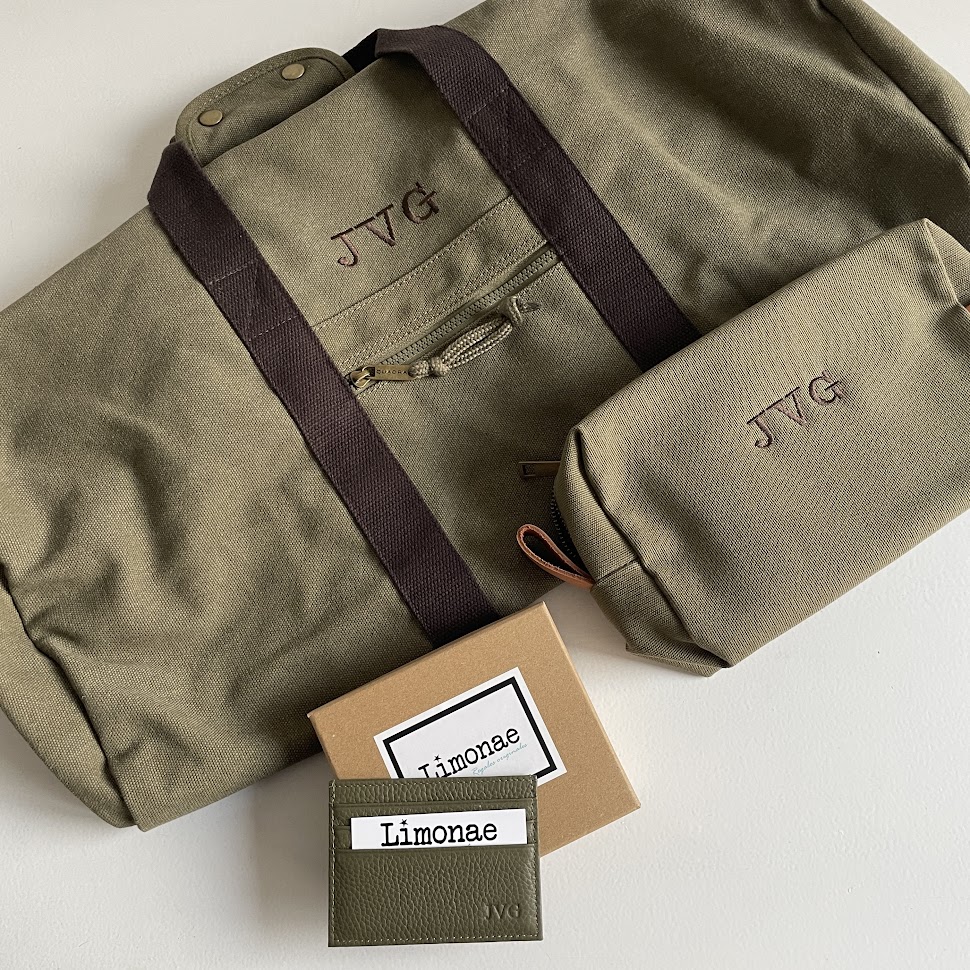 Bolsa de lona kaki para hombre con iniciales