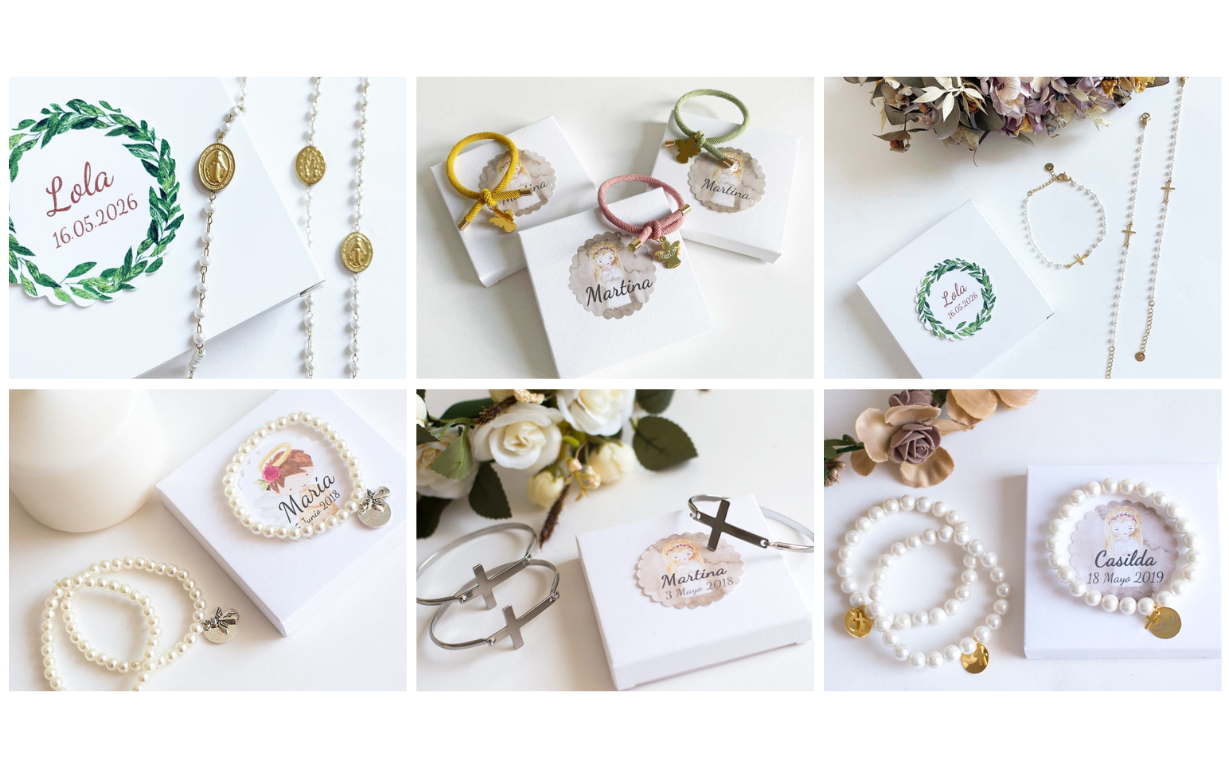 Variedad de pulseras para comunión: modelos de perlas, rosarios, esclavas y cordones con cajas personalizadas.