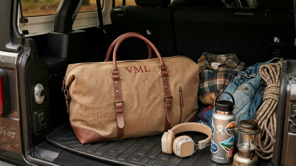 Bolsa de viaje beige personalizada con iniciales en el maletero de un vehículo preparada para viajar.