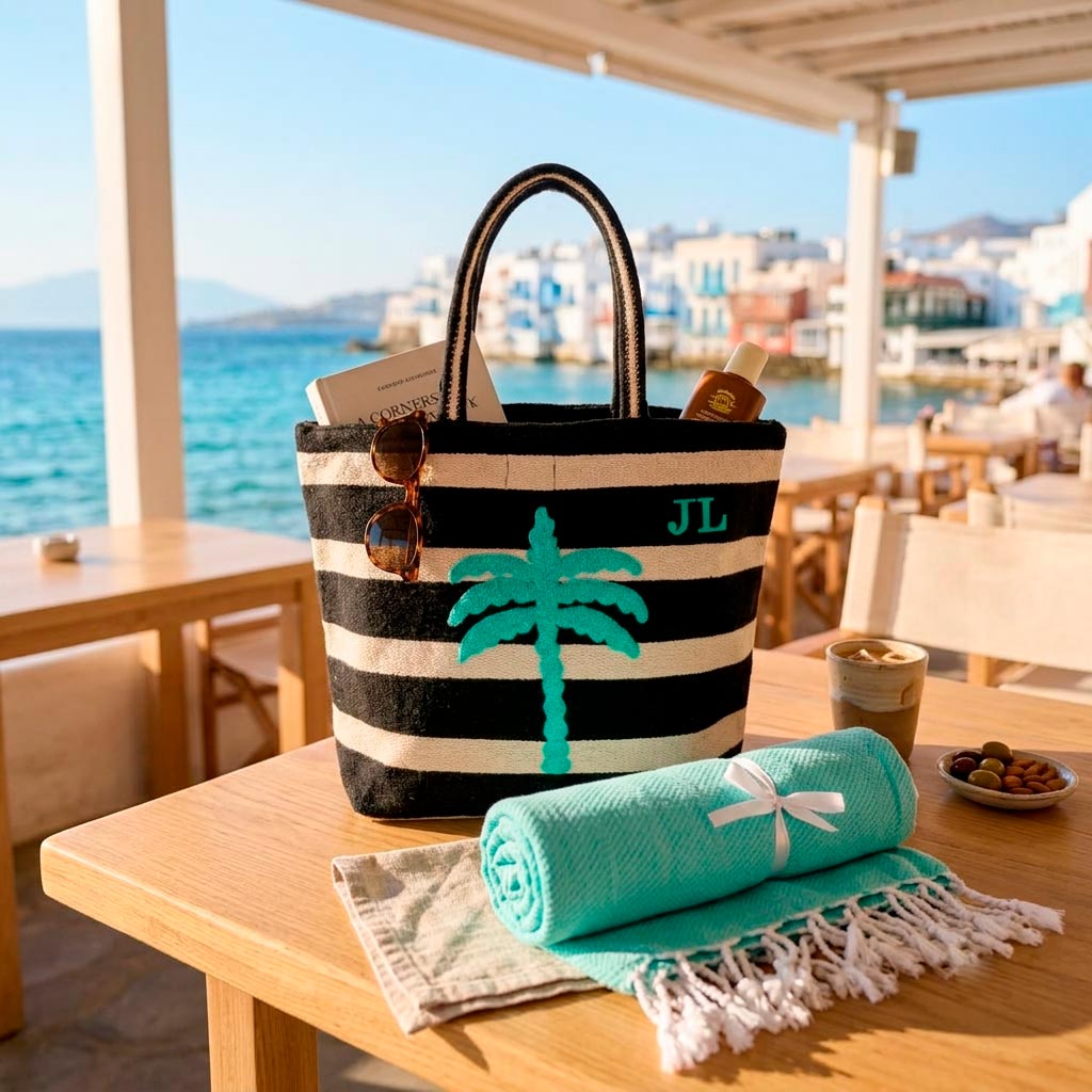 Bolsa de playa personalizada con iniciales y diseño de rayas junto al mar.