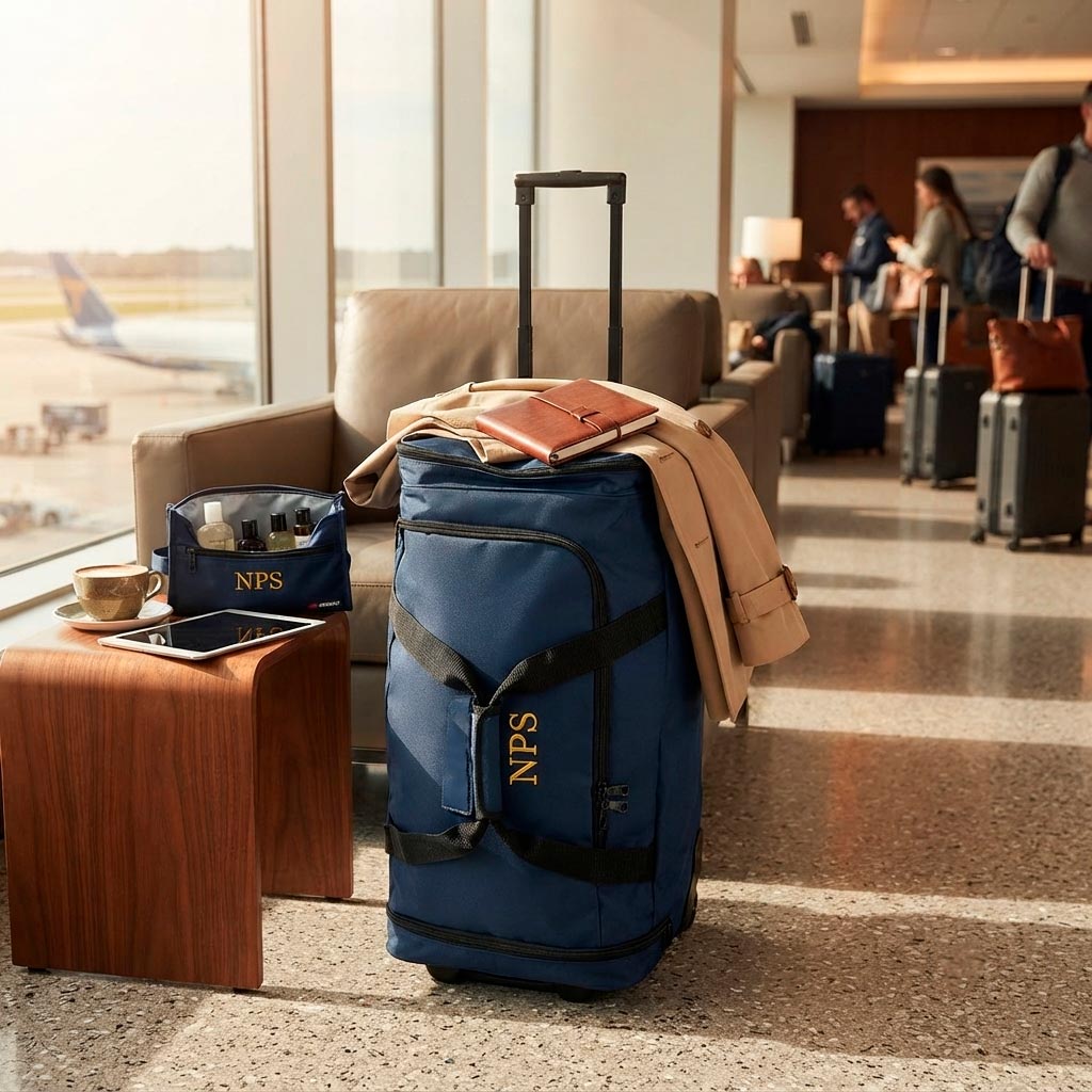 Bolsa de viaje con ruedas personalizada con iniciales junto a un neceser en un aeropuerto.