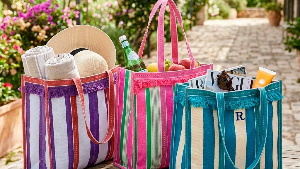Colección de bolsas de playa personalizadas en varios colores y tamaños.