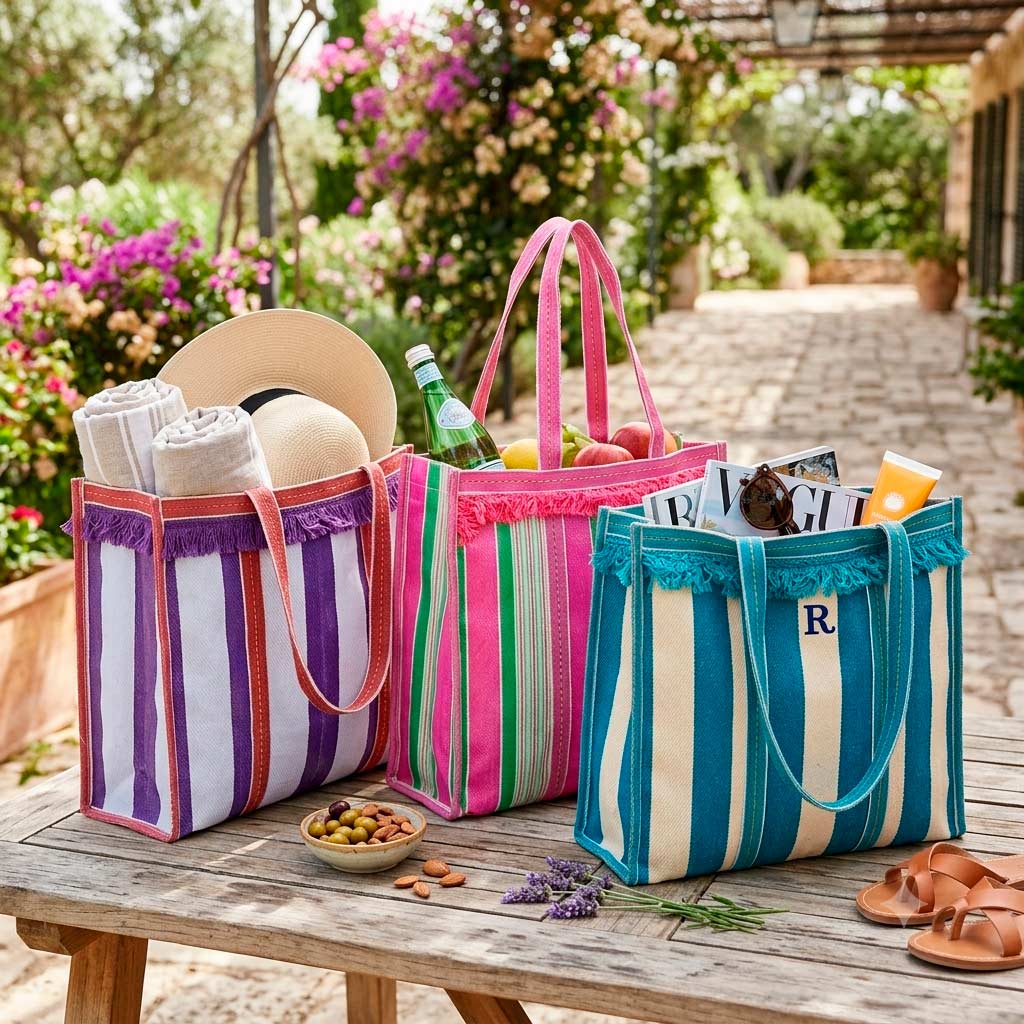 Colección de bolsas de playa personalizadas en varios colores y tamaños.