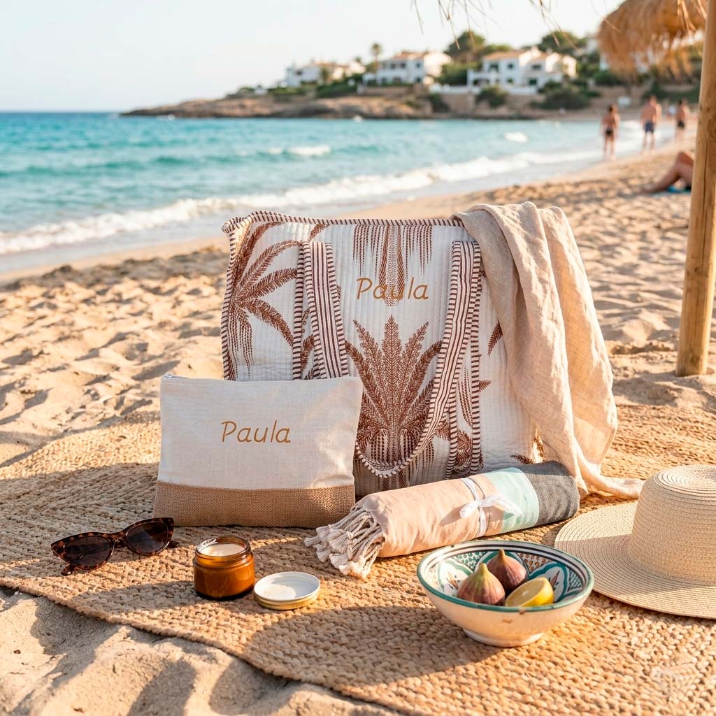 Set de playa personalizado con bolsa, neceser y toalla bordados con nombre.