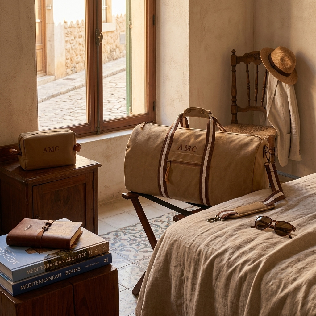 Bolsa de viaje camel personalizada con iniciales y neceser a juego sobre una habitación de hotel.