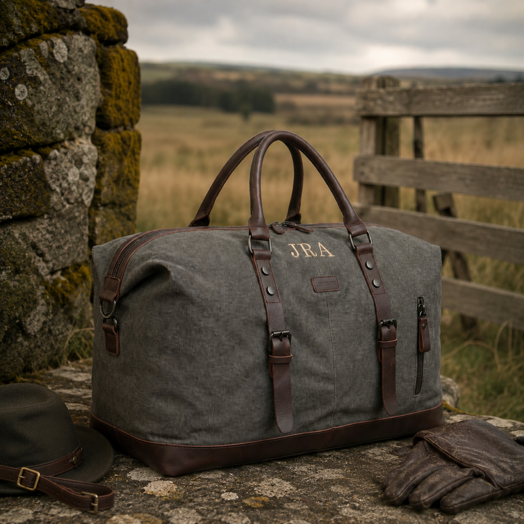 Bolsa de viaje gris personalizada con iniciales y detalles de cuero en un entorno rural.