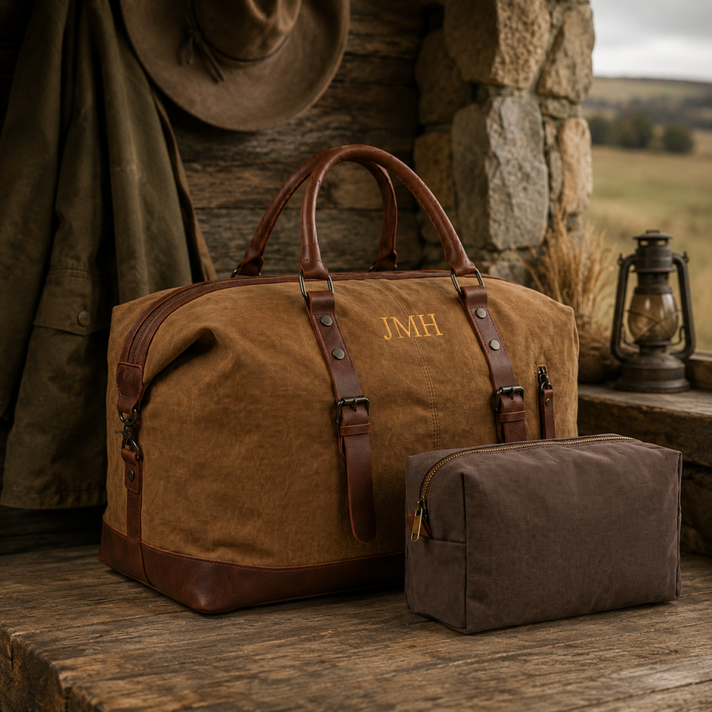 Bolsa de viaje marrón personalizada con iniciales junto a un neceser a juego.